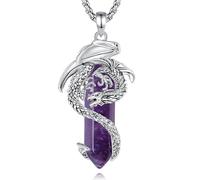 AEONSLOVE - Healing Crystal Dragon Necklace for Women Men Malachite/Obsidian/Lapis Lazuli Crystal Pendant Spiritual Jewelry Dragon Gifts Steel Box Chain, Copper, Amethyst
