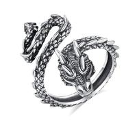AEONSLOVE Ring Dragon / Gothic Skull 925 Silver for Men Women Adjustable Rings Runes Viking / Wolf Vintage Open Ring Snake with Obsidian / Tetragramton Pentagram, One Size, Sterling Silver