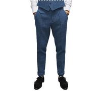 AeoTeokey Men's Retro Dress Suit Pants Tweed Wool Flat Front Herringbone Trousers (Blue, 36W x 30L)