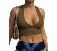 AEPEBO Sexy Crop Tops for Women Clothes Deep V Neck Back Cutout Sleeveless Plunge Racerback Tank Cropped Top, ArmyGreen, XL