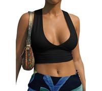 AEPEBO Sexy Crop Tops for Women Deep V Neck Back Cutout Sleeveless Plunge Racerback Tank Cropped Top, Black, L