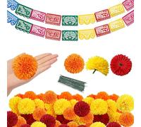 Aepiraza Day of The Dead Decorations Set, 50Pcs Silk Marigold Flowers with Stem and 18 Mexican Party Banners for Dia De Los Muertos Diwali Altar Decor