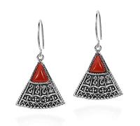 AeraVida Balinese Art Triangle Shape Reconstructed Red Coral .925 Sterling Silver Dangle Earrings | Classic Sterling Silver Stud Earring for women | Drop Stud Earrings