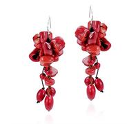 AeraVida Beautiful Cluster Drop Reconstructed Red Coral On Cotton Wax Rope .925 Sterling Silver Fish Hook Earrings | Handmade Dangle Earrings for Women | Summer Accessories