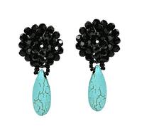 AeraVida Boho Black Crystal Chrysanthemum Clip-On Earrings | Handmade Floral Teardrop Drop Earrings with Simulated | Non-Pierced Statement Jewelry for Women, L, Resin, No Gemstone