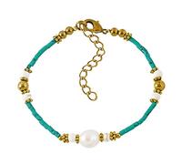 AeraVida Chic Cultured Freshwater Pearl & Simulated Green Turquoise with Fashion Brass Beads Handmade Bracelet | Handmade Jewelry for Women | Handmade Green Malachite Bracelet