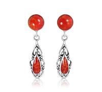 Aeravida Classic Filigree Reconstructed Red Coral Teardrop .925 Sterling Silver Post Earrings