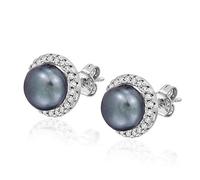 Aeravida Classic Round Cultured Freshwater Gray Pearls and Cubic Zirconia .925 Sterling Silver Post Stud Earrings | Bridal or Bride Wedding Jewelry Women | Earrings for Women