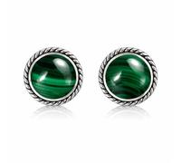 AeraVida Classic Round Malachite .925 Sterling Silver Stud Earrings - 9mm Green Stone with Braided Rope Border, Push Back