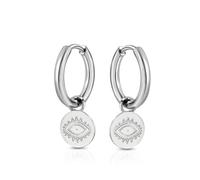 AeraVida Evil Eye Charm Stainless Steel Mini Hoop Earrings - Shiny Polished Small Continuous Hoop with Symbol Dangle, Modern Protective Jewelry for Daily Wear