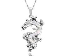 AeraVida Legendary Chinese Dragon Charm Stone Inlaid Accent .925 Sterling Silver Pendant on 18-inch Chain Necklace | Dragon Jewelry Necklace Accessory for Men Women Unisex (White)