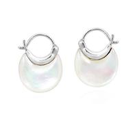 Aeravida Moon Glow White Mother of Pearl Basket 15 mm .925 Sterling Silver Huggie Hoop Earrings | Gorgeous Sterling Silver V-lock Earring for Women