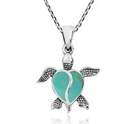 AeraVida Ocean Love Sea Turtle with Heart Shaped Simulated Green Turquoise Inlays .925 Sterling Silver Pendant Chain Necklace Nature and Animals Inspired Everyday Fashion Accessories