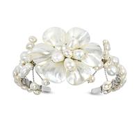 AeraVida Ocean’s Iridescent Garden White Mother of Pearls Seashell and Cultured Freshwater Pearls Floral Cuff Bracelet | Cuff Bangle Bracelet for Women