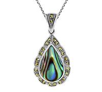 AeraVida Sophisticated Teardrop Rainbow Abalone Shell Marcasite .925 Sterling Silver Necklace | Sterling Silver Marcasite Necklace | Abalone Shell Necklace | Rainbow Necklace for Women