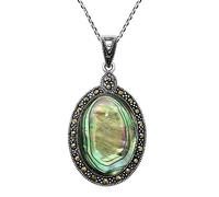 AeraVida Victorian Era Inspired Framed Oval Shaped Abalone Seashell Inlay in Marcacite & Sterling Silver Pendant Necklace for Unique & Timeless Style with a Vintage Vibe