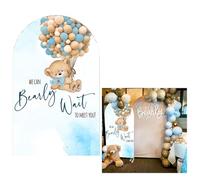 Aerdce Blue Teddy Bear Arched Fabric Backdrop Cover We Can Bearly Wait to Meet You Arch Backdrop Stand Covers for Birthday Baby Shower Party Photoshoot(Only Cover)