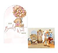 Aerdce Teddy Bear Arch Backdrop 2.5x6ft We Can Bearly Wait to Meet You Arched Wall Covers Stretchy Background for Party Decorations Pink Baby Shower Decor Props NO-76