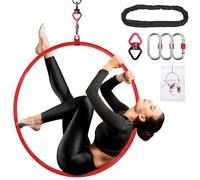 Aerial Hoop with Accessories Storage Bag - Premium Red 85cm (33.5")/90cm (35.4") Single Point Lyra Hoop Aerial Yoga Ring Set for Circus Acrobatics Arts Dance Yoga, 2 Ton Safety System & Glossy Finish
