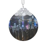 Aerial Night Of View Hong Kong Christmas Ball Ornament With Hook, 3.3 Inch Glass Decoration With Full Wrap Printing