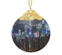 Aerial Night Of View Hong Kong Christmas Ball Ornament With Hook, 3.3 Inch Glass Decoration With Full Wrap Printing
