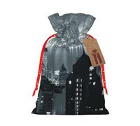 (Aerial Night Of View Hong Kong) Christmas Burlap Bags, S Size Christmas Drawstring Gift Bags Goodie Bags For Kids Xmas Party Favors