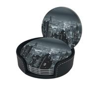 Aerial Night Of View Hong Kong Print Chic Round Leather Coasters â€“ Set Of 6 Full-Print Coasters In A Premium Pu Leather Storage Box