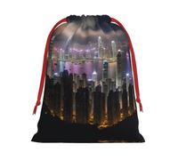 Aerial Night of View Hong Kong Print Drawstring Present Bag Wrapping Reusable Bag Present Wrap Bags for Christmas