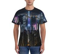 Aerial Night of View Hong Kong Print Fashion Men Short Sleeve T-Shirts Gym Wear Breathable Workout Summer Casual Outing Black