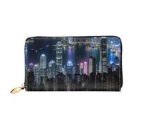 Aerial Night of View Hong Kong Print Leather Credit Card Money Wallet Zipper Pocket Black One Size Black One Size, Black/White, One Size