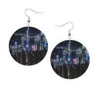 Aerial Night of View Hong Kong Print Leather Earrings for Women - Dangle & Hoop Earrings, Perfect for Costume Parties, Girls Accessories