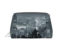 Aerial Night of View Hong Kong Print Makeup Bag Portable Leather Waterproof Cosmetic Bag Clutch Makeup Brush Bag (6.7x4.3in)