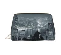 Aerial Night of View Hong Kong Print Makeup Bag Portable Leather Waterproof Cosmetic Bag Clutch Makeup Brush Bag (6.7x4.3in)