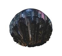 Aerial Night of View Hong Kong Print Shower Caps,Double Layers water-resistanted Hair Cap with Elastic and Reusable