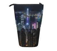 Aerial Night of View Hong Kong Print Telescopic Adjustable Pencil Case Lightweight Organizer for Office Travel Pen Bag