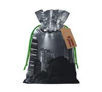 (Aerial Night of View Hong Kong) Printed Christmas M Size Gift Bags with Green Ribbon Drawstring Candy Bags for Kids Xmas Holiday Christmas Eve Presents