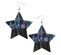 Aerial Night Of View Hong Kong Printed Leather Pierced Earring Set, 1 Pair Lightweight Bohemian Earrings Birthday Party Jewelry Gifts For Women