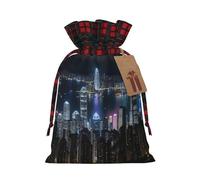 Aerial Night of View Hong Kong Printed Reusable Gift Bags - Christmas Drawstring Pouches for Xmas, Birthday, Wedding, Holidays