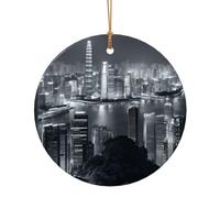 Aerial Night of View Hong Kong Printed Round Xmas Ornaments 9cm, Christmas Ceramic Pendant Hanging for Xmas Tree Home Indoor Outdoor Decor 1 Pcs