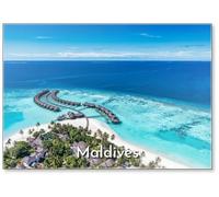 Aerial View of Maldives Island, Luxury Travel Water Villas Resort and Wooden Pier. Beautiful Sky and Ocean Lagoon Beach Summer Vacation Holiday. Paradise Aerial Landscape Panorama, Fridge Magnet