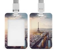 Aerial View of Paris Cityscape ID Badge Holder Waterproof Card Protector Push-Pull Slot Work ID Card Holder with Lanyard Personalized Detachable Card Holders for Office Corporate Use