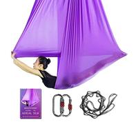Aerial Yoga Hammock L:5M W:2.8M Aerial Pilates Silk Yoga Swing Set with 2000 Ibs Load Include Daisy Chain, Pose Guide (Deep Purple)