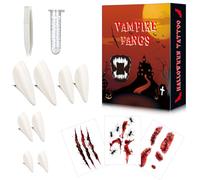 Aerku 9 Piece Vampire Teeth Set, 4 Pairs 4 Sizes Vampire Fangs, 1 Tube Teeth Pellets Adhesive, 3 Sheets Halloween Tattoos For Cosplay Party Props Dress Up Horror Props