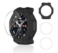 Aerku Case for Amazfit T-Rex 3 Pro, with 2 Pieces 9H HD Anti Scratch Tempered Glass Protective Film, Protective Case Frame Soft Silicone Cover Protection - Black