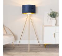 Aero Hairpin Gold Tripod Floor Lamp with Velvet and Gold Drum Lamp Shade & Bulb ValueLights Dark Navy One Size