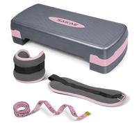 Aerobic Step Platform Set with Ankle Weights & Measuring Tape, Exercise Steppers for Home Gym Exercise Fitness, Adjustable Height 2 Level Risers Workout Step Platform Trainer, Pink Grey
