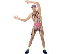 Smiffys Aerobics Instructor Costume, Multi-Coloured with Bodysuit, Hat & Bum Bag, 1990's Fancy Dress, 1990s Dress Up Costumes