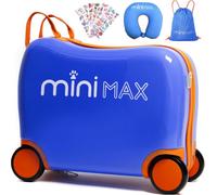 Aerolite Minimax Kids Ride On Suitcase Blue Polycarbonate 45X36X20Cm 29L With Drawstring Bag, Neck Pillow & Stickers