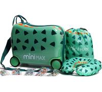 Aerolite Minimax Kids Ride On Suitcase Set 29L Easyjet Cabin Size Green Dinosaur, Polycarbonate, 4 Wheel + Bag & Pillow