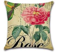 Aeromdale Printed Cotton Linen Cushion Cover with Colourful Pink Flower Butterfly Alphabet Square Design for Sofa Bed Living Room Sofa 45 x 45 cm - # B